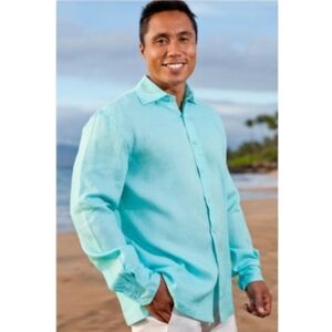 Island Importer Linen Amalfi Button Front Shirt Blue Collared Top Long Sleeve